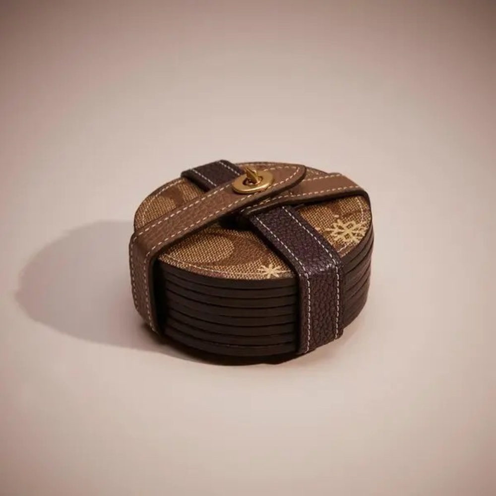 Coach Brown and Tan Coaster Set with Strap